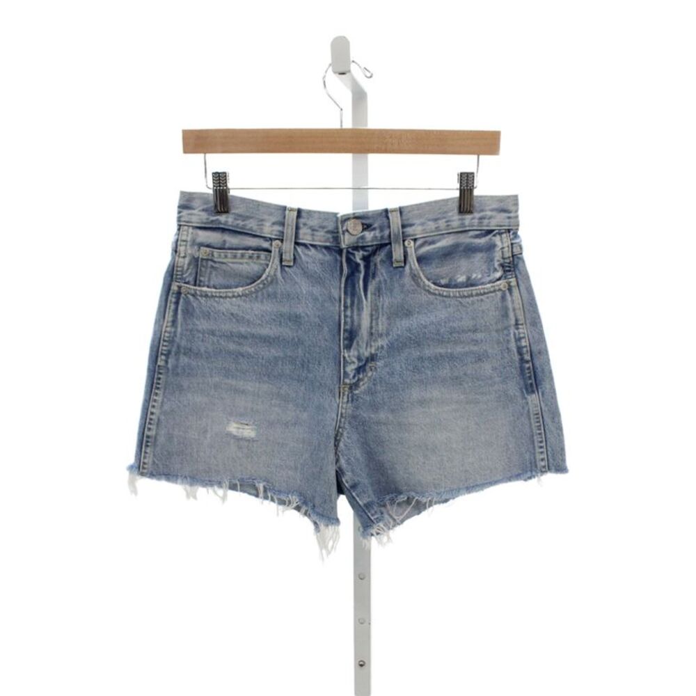 Amo Women Cut-Off Cotton Solid Blue Button Closure Shorts Size 27
